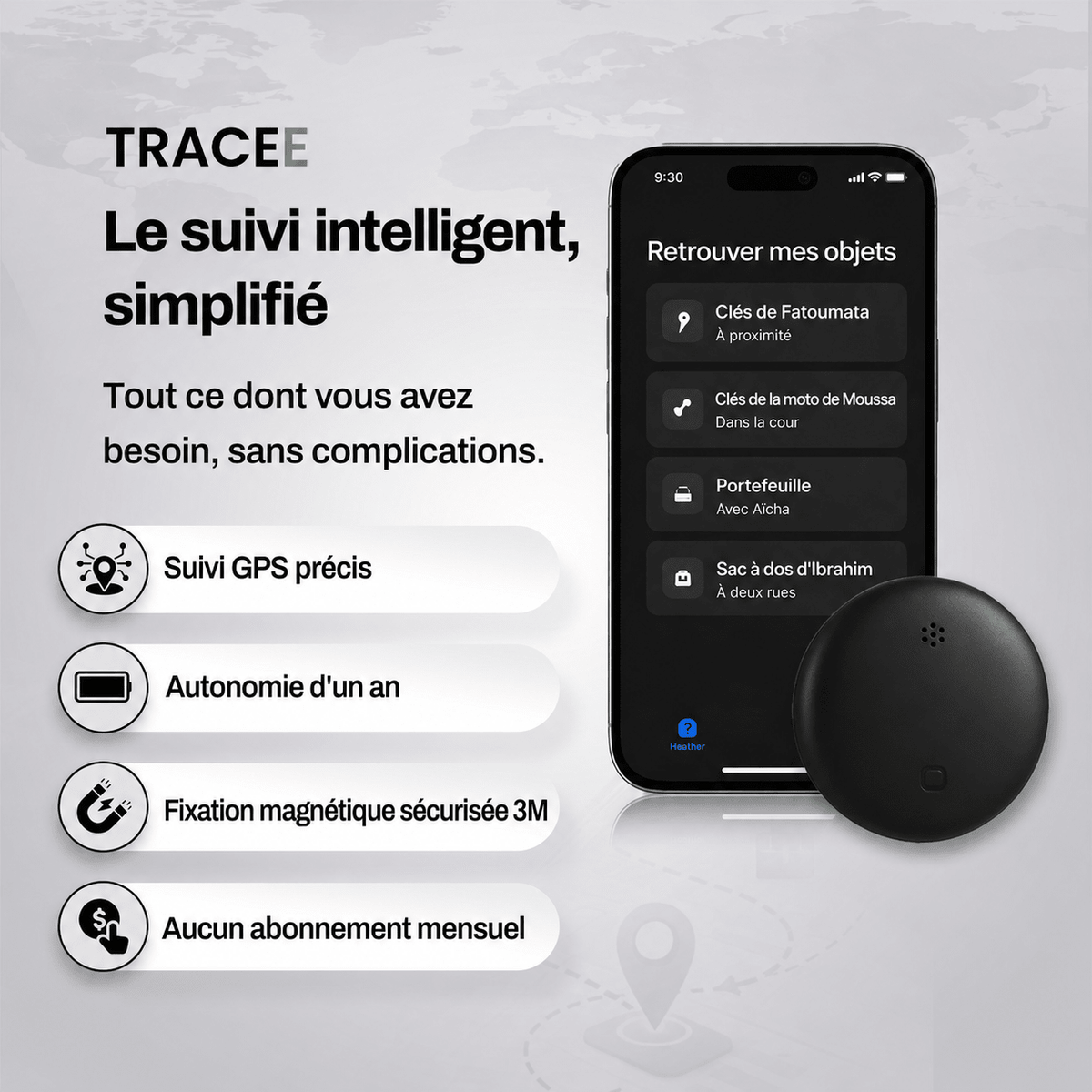 GP90 - Tracker GPS précis sans abonnement (android/apple)